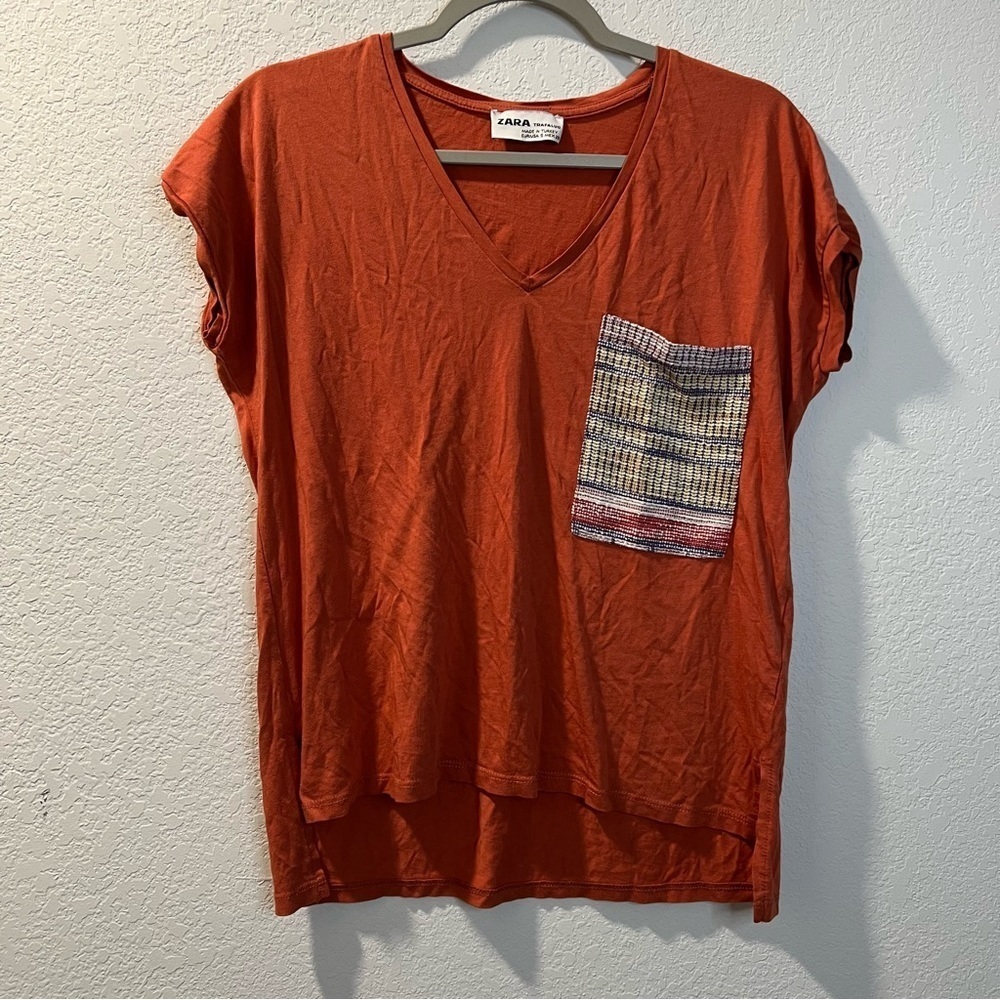 Women’s Zara orange woven pocket front boxy style short sleeve tee size small S